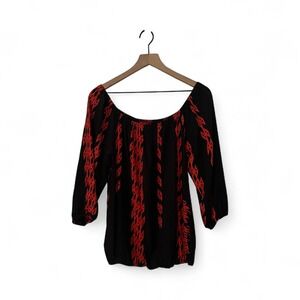 Nahe Wahine Hawaiian Top Blouse On or Off Shoulder Large Red Black